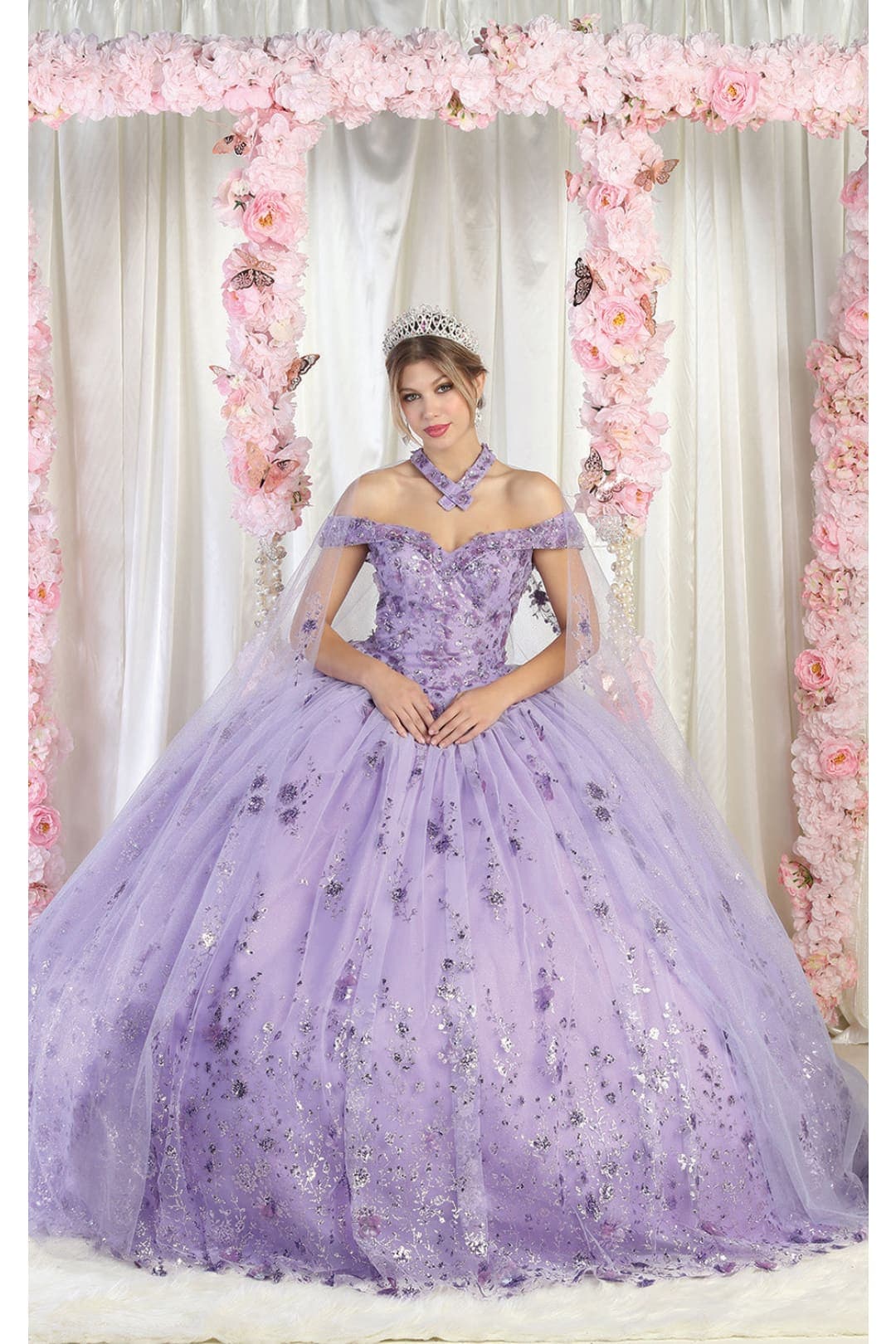 Layla K LK202 Cape 3D Floral Quinceanera Gown - LILAC / 4