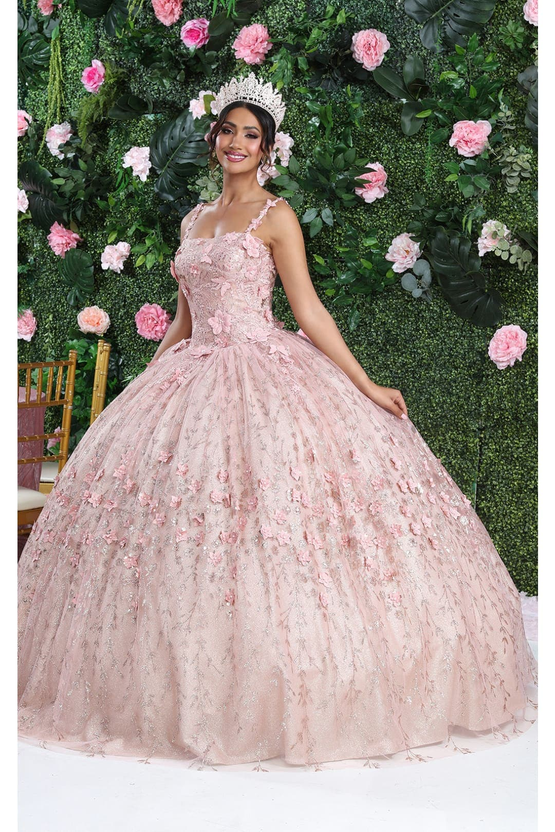 Layla K LK208 Sleeveless 3D Floral Glitter Corset Back Quince Ball Gown