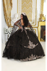 Layla K LK218 Detachable Cape Sleeves Glitter Corset Quinceanera Ball Gown - Dress