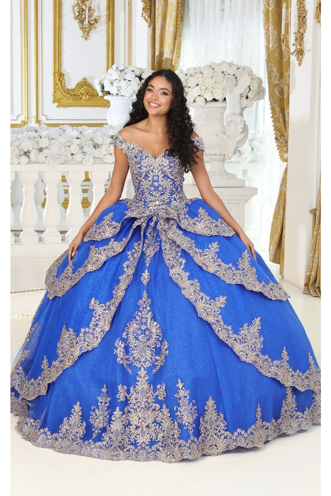 Layla K LK234 Glitter Mesh Embroidered Off Shoulder Ball Gown - ROYAL/GOLD / 4 - Dress