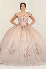 Layla K LK255 Champagne Off-Shoulder Quince Gown with Detachable Tail - Dress