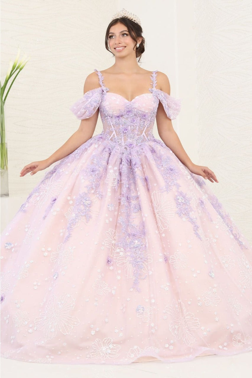 Layla K LK257 Sheer Corset Bodice Lilac/Blush Embellished Quince Gown - LILAC/BLUSH / 4 - Dress