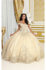 LK232 Corset Back Butterfly Applique Off Shoulder Ball Quince Dress - CHAMPAGNE / 4 - Dress