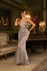 Long Evening Dress Sleeveless Mesh Gala Gown By Royal Queen RQ8149 - SILVER/NUDE / 4 - Dress