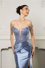Long Formal Dress Off The Shoulder High Slit Gown By May Queen MQ2157B - Dress