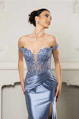 Long Formal Dress Off The Shoulder High Slit Gown By May Queen MQ2157B - Dress