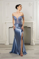 Long Formal Dress Off The Shoulder High Slit Gown By May Queen MQ2157B - Dress
