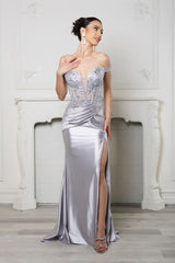 Long Formal Dress Off The Shoulder High Slit Gown By May Queen MQ2157B - SILVER / 22 - Dress