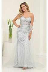 Long Formal Dress Sweetheart Overskirt Gala Gown By Royal Queen RQ8116 - SILVER / 4 - Dress