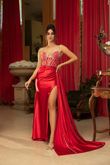 Long Formal Gown With Glittery Appliqued Mermaid Floor Length By May Queen MQ2113 - RED / 4 - Dress