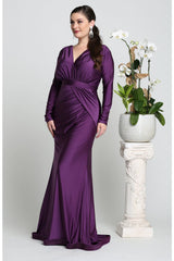 May Queen MQ1530 V Neck Mermaid Classy Long Sleeve Evening Gown - Dress