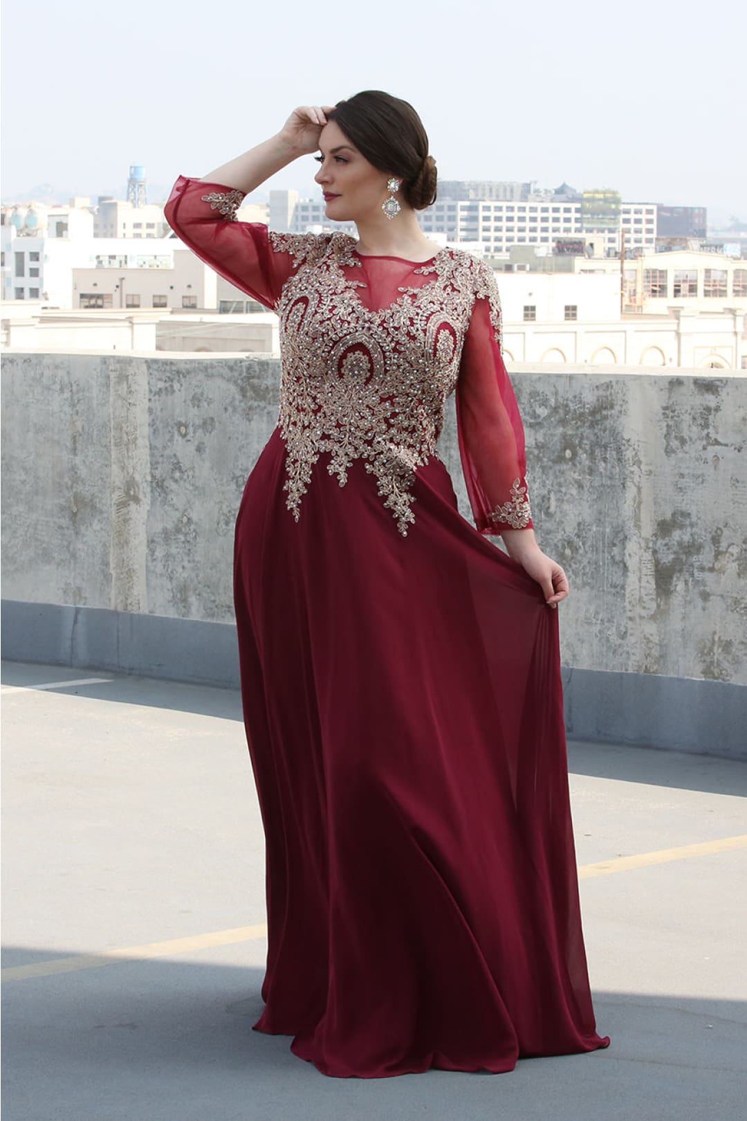 May Queen MQ1549N Embroidered Plus Size Mother Of The Bride Dress - BURGUNDY/GOLD / XL - Dress