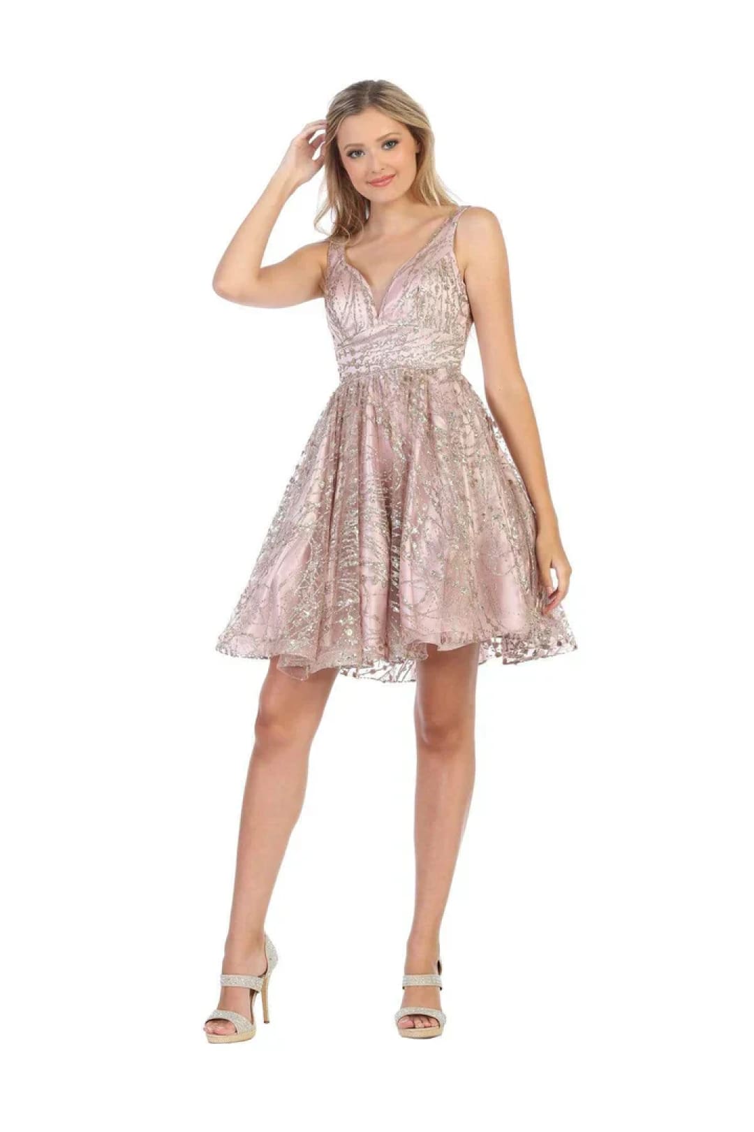May Queen MQ1702 Short Deep V-Neck Glitter A-Line Dress - Mauve / 4 - Dress
