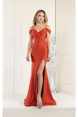 May Queen MQ1855 Long Slit Cold Shoulder Bodycon Prom Dress - RUST / 4
