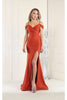 May Queen MQ1855 Long Slit Cold Shoulder Bodycon Prom Dress - RUST / 4