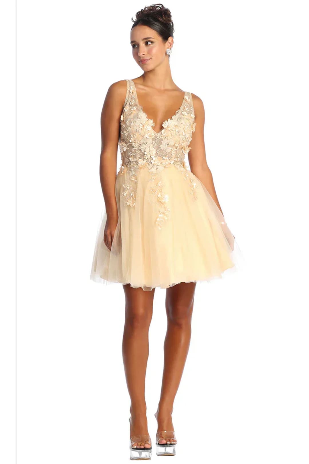 May Queen MQ1863 Floral Appliqué Embroidery Dress - Champagne / 6 - Dress