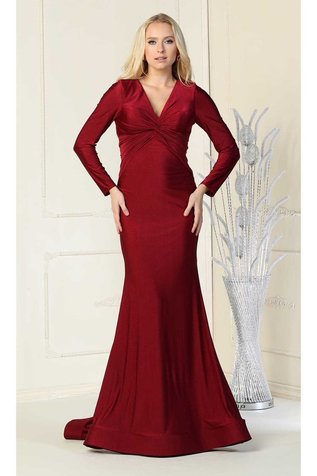 V- neckline Bodycon Gown - BURGUNDY / 4