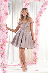 May Queen MQ1906 Off The Shoulder Glitter Short Homecoming Dama Dress - ROSEGOLD / 2 - Dress