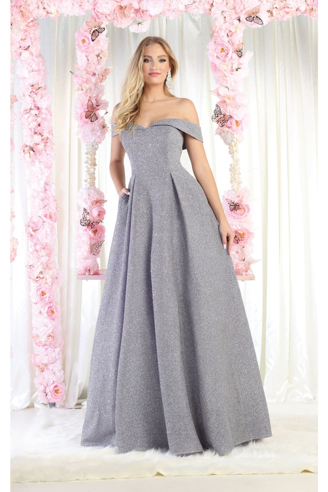 May Queen MQ1915 Off The Shoulder Glitter A Line Evening Gowns - Lilac / 4