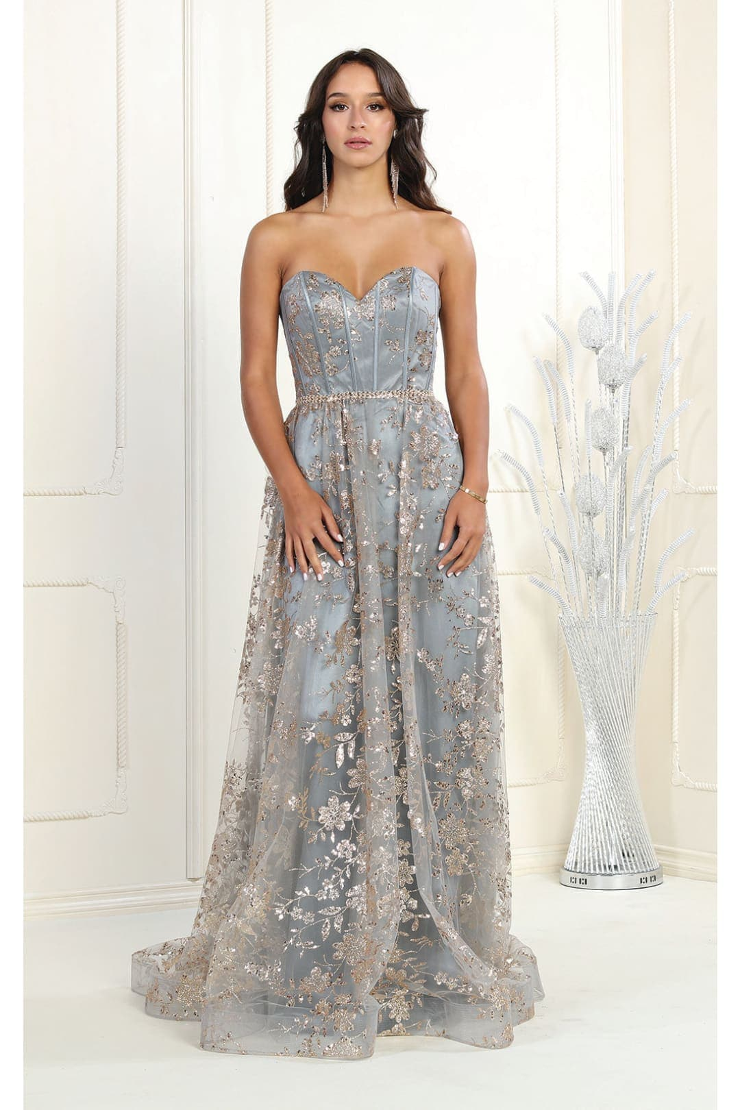 May Queen MQ1920 Floral Glitter Boned Bodice Prom Strapless Dress - CHARCOAL/GOLD / 2