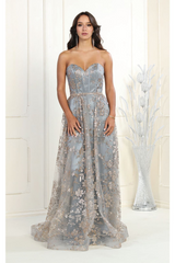 May Queen MQ1920 Floral Glitter Boned Bodice Prom Strapless Dress - CHARCOAL/GOLD / 2