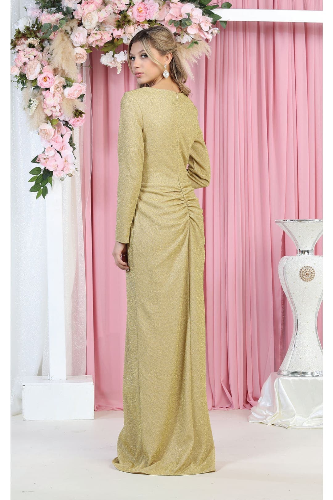 Long Sleeve Pleated Evening Dress - Dress