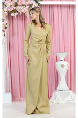 Long Sleeve Pleated Evening Dress - GOLD / S - Dress