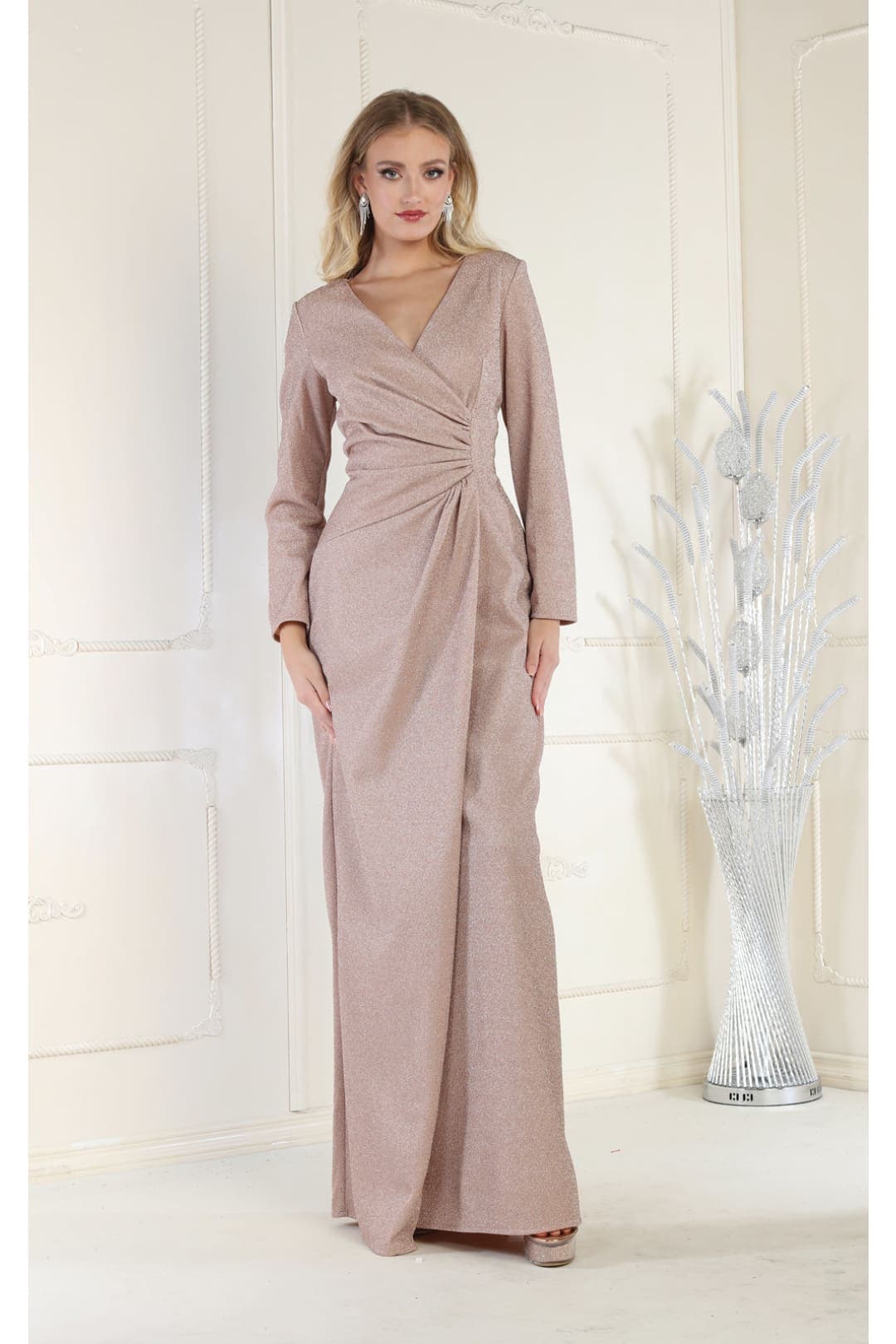 May Queen MQ1924 V Neck Long Sleeve Shimmer Formal Dress - ROSE GOLD / L - Dress