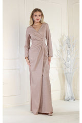 May Queen MQ1924 V Neck Long Sleeve Shimmer Formal Dress - ROSE GOLD / L - Dress