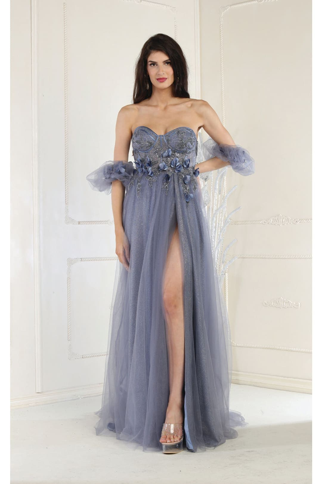 May Queen MQ1961 Floral Applique Special Occasion Gown - DUSTY BLUE / 4 - Dress