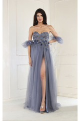 May Queen MQ1961 Floral Applique Special Occasion Gown - DUSTY BLUE / 4 - Dress