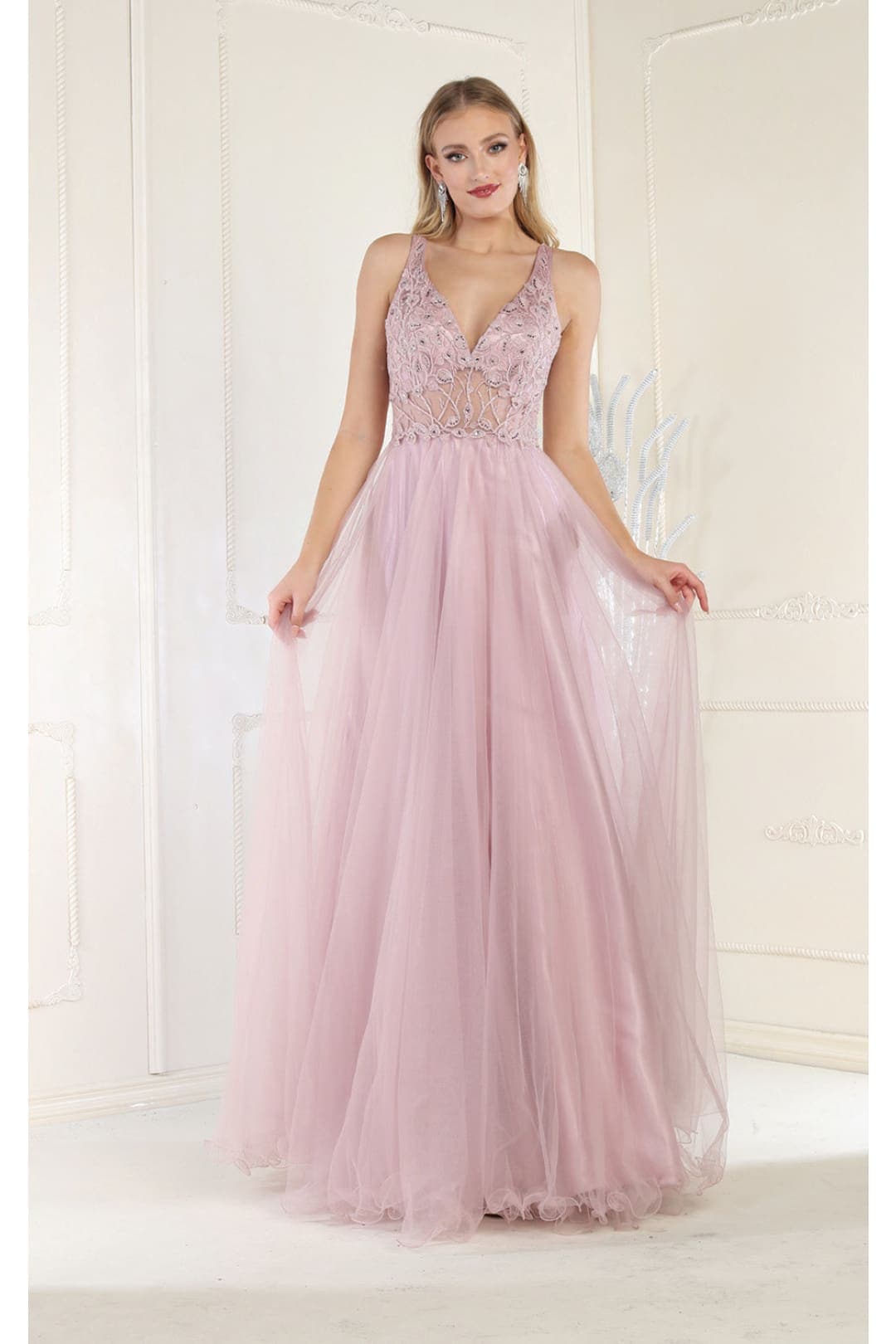May Queen MQ1971 Embroidered A-line Prom Gown - MAUVE / 2