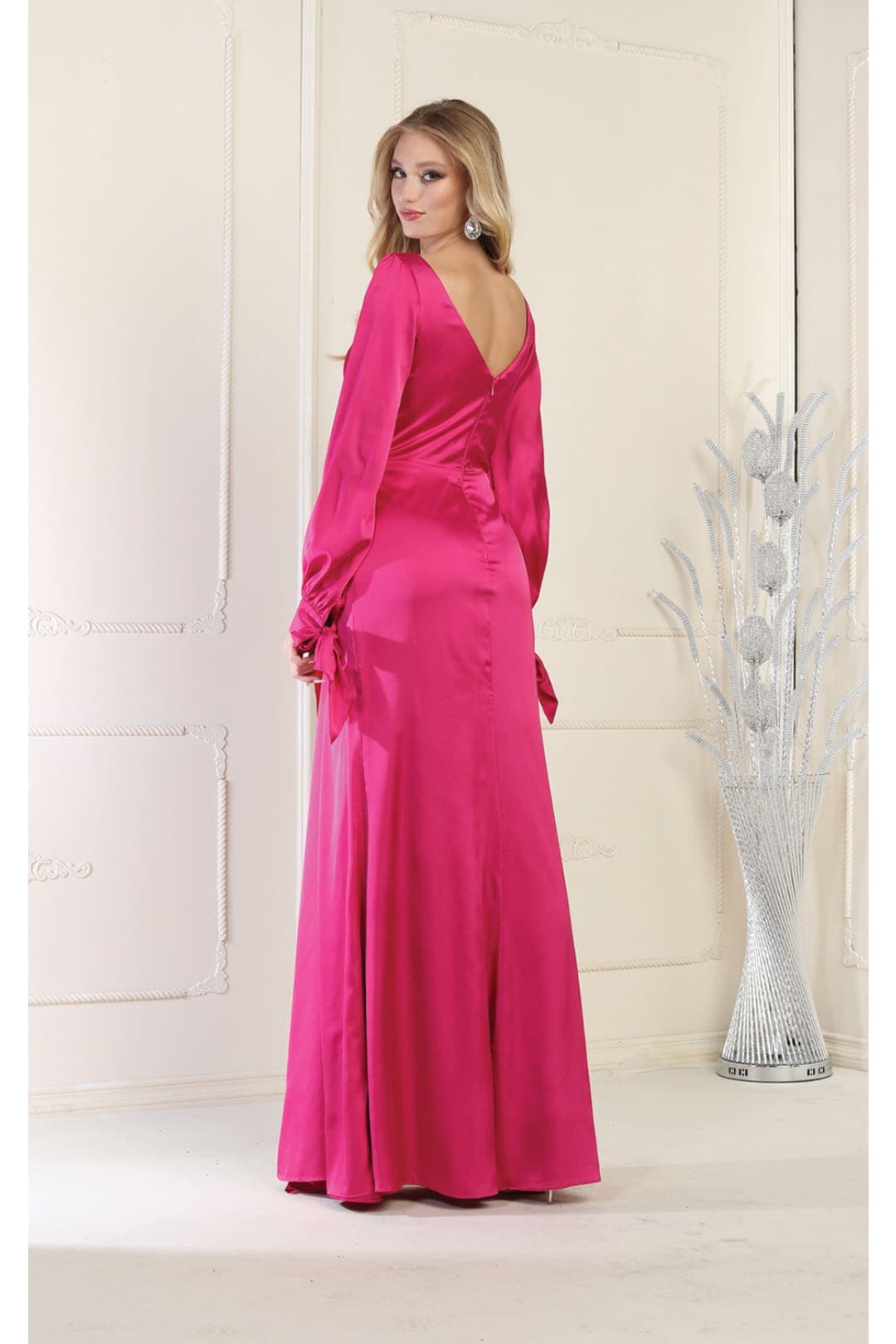 May Queen MQ1974 Long Sleeve Satin Evening Dress