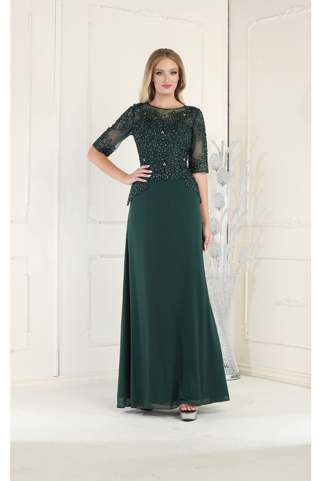 May Queen MQ1980 Boat Neck Embroidery Mother Of The Bride Dress