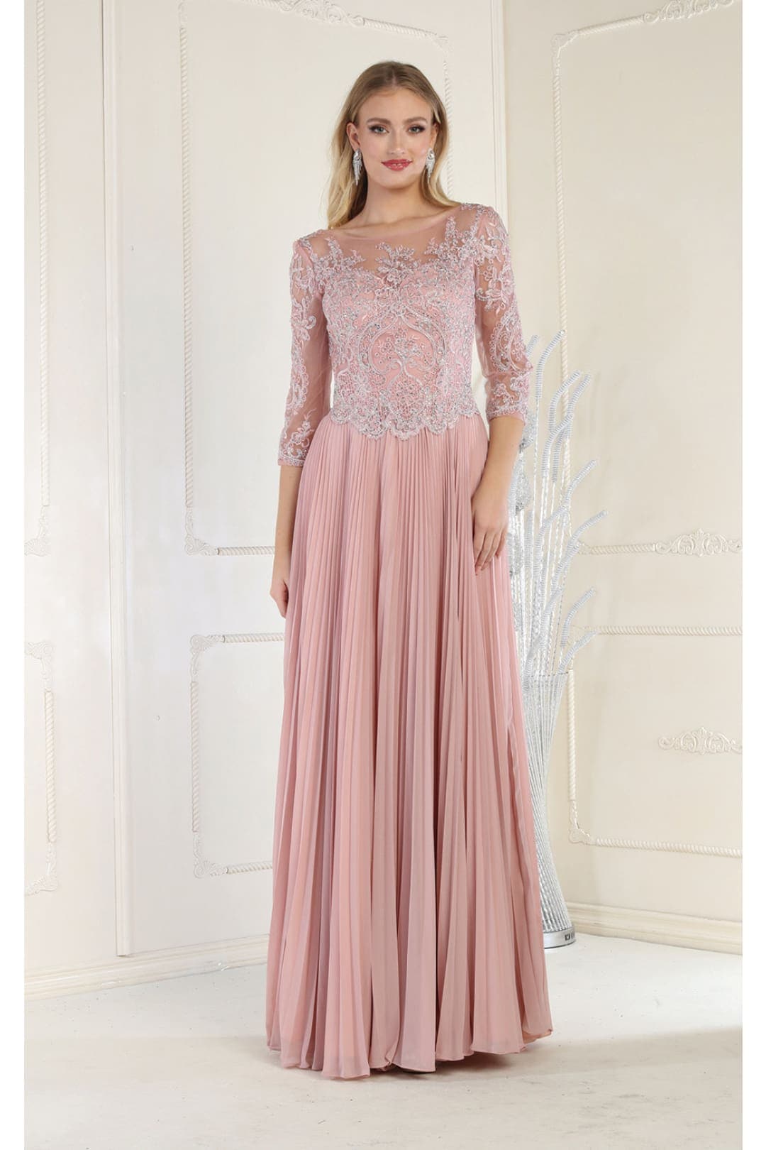 May Queen MQ1980 Pleated Embroidery Mother Of The Bride Gown - DUSTY ROSE / M