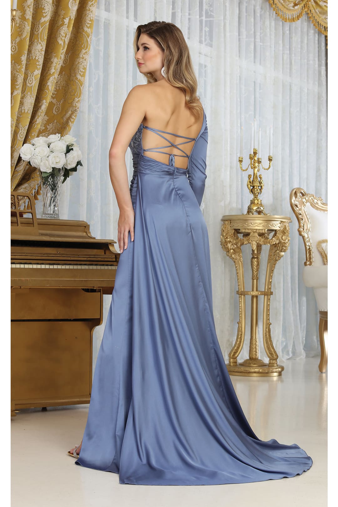 May Queen MQ1985 Satin Strappy Back One Sleeve Prom Evening Gown - Dress