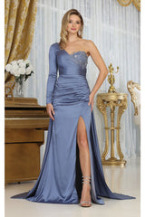 May Queen MQ1985 Satin Strappy Back One Sleeve Prom Evening Gown - DUSTY BLUE / 4 - Dress