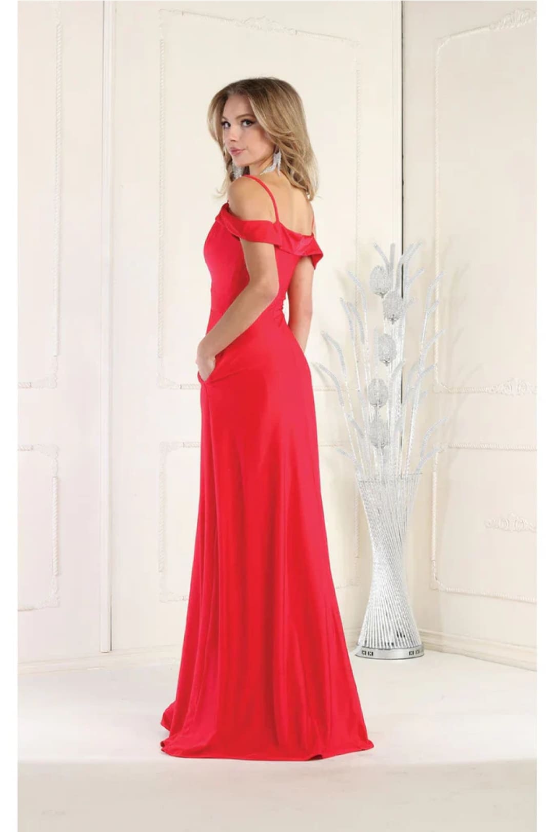 May Queen MQ1988 V-Neck Cold Shoulder Ruched Long A-Line Dress - Dress
