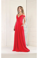 May Queen MQ1988 V-Neck Cold Shoulder Ruched Long A-Line Dress - Dress