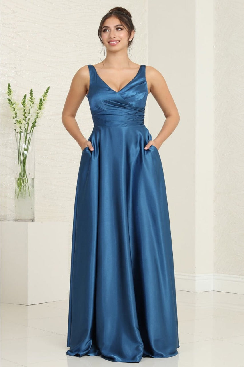 May Queen MQ1994 Sleeveless Side Pockets Satin Formal Bridesmaid Dress - TEAL BLUE / 4 - Dress