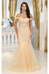 May Queen MQ1995 Embroidered Mermaird Corset Bone Plus Size Gown - GOLD / 2 - Dress