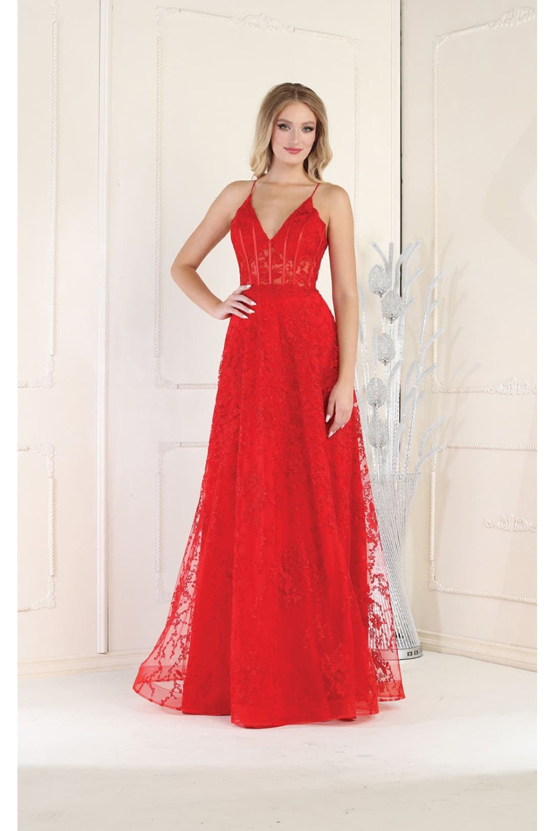 May Queen MQ1996 Embroiderd Lace Prom Gown