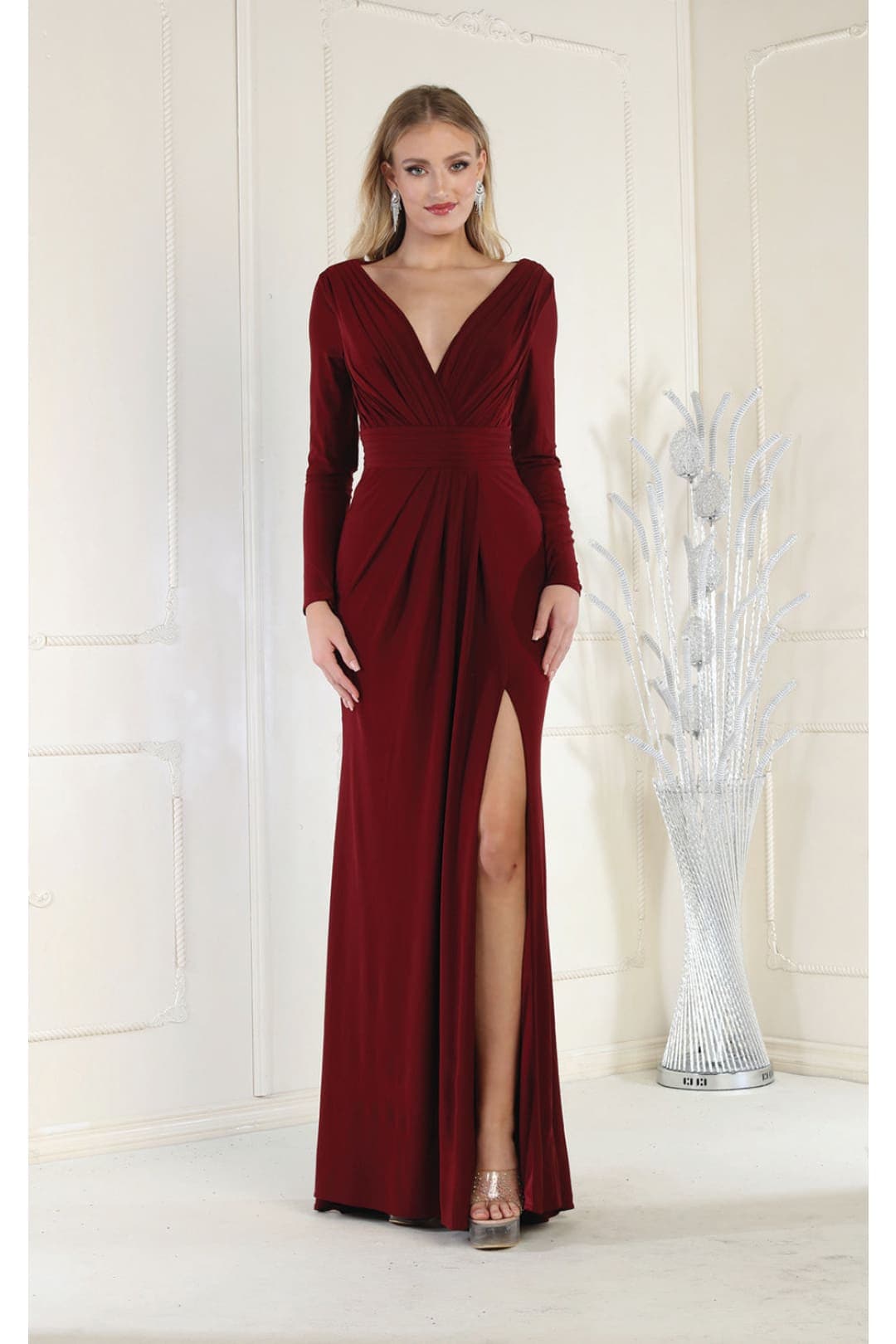 May Queen MQ1999 High Slit Evening Gown - BURGUNDY / 4