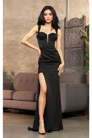 May Queen MQ2001 Sweep Train Corset Bone High Slit Prom Dress - BLACK / 4 - Dress