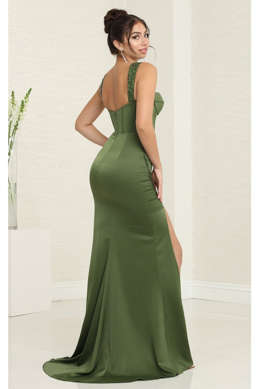 May Queen MQ2001 Sweep Train Corset Bone High Slit Prom Dress