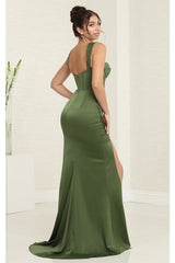 May Queen MQ2001 Sweep Train Corset Bone High Slit Prom Dress