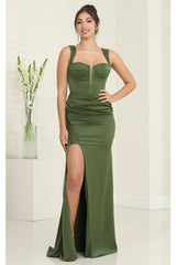 May Queen MQ2001 Sweep Train Corset Bone High Slit Prom Dress - OLIVE / 4