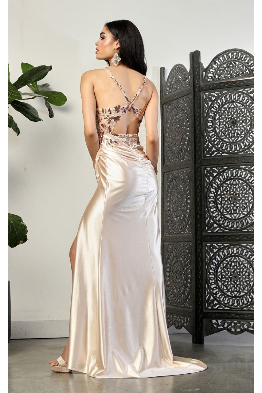 May Queen MQ2006 Cut Out Back Sleeveless Slit Formal Evening Gown - Dress