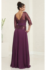 May Queen MQ2007 3/4 Sleeves Rhinestone Beaded Pleated Long Gown - Dress