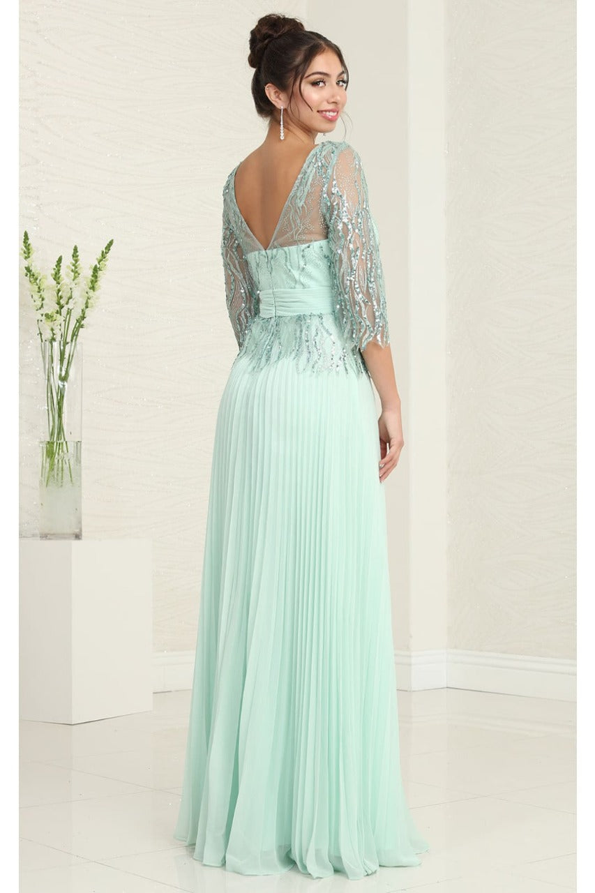 May Queen MQ2007 3/4 Sleeves Rhinestone Beaded Pleated Long Gown - Dress